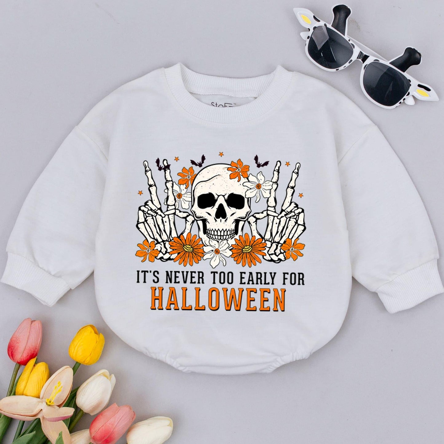 Cute Halloween Baby Romper Skeleton Peace Sign Flowers "It's Never Too Early For Halloween" Orange White Infant Bodysuit First Halloween Outfit