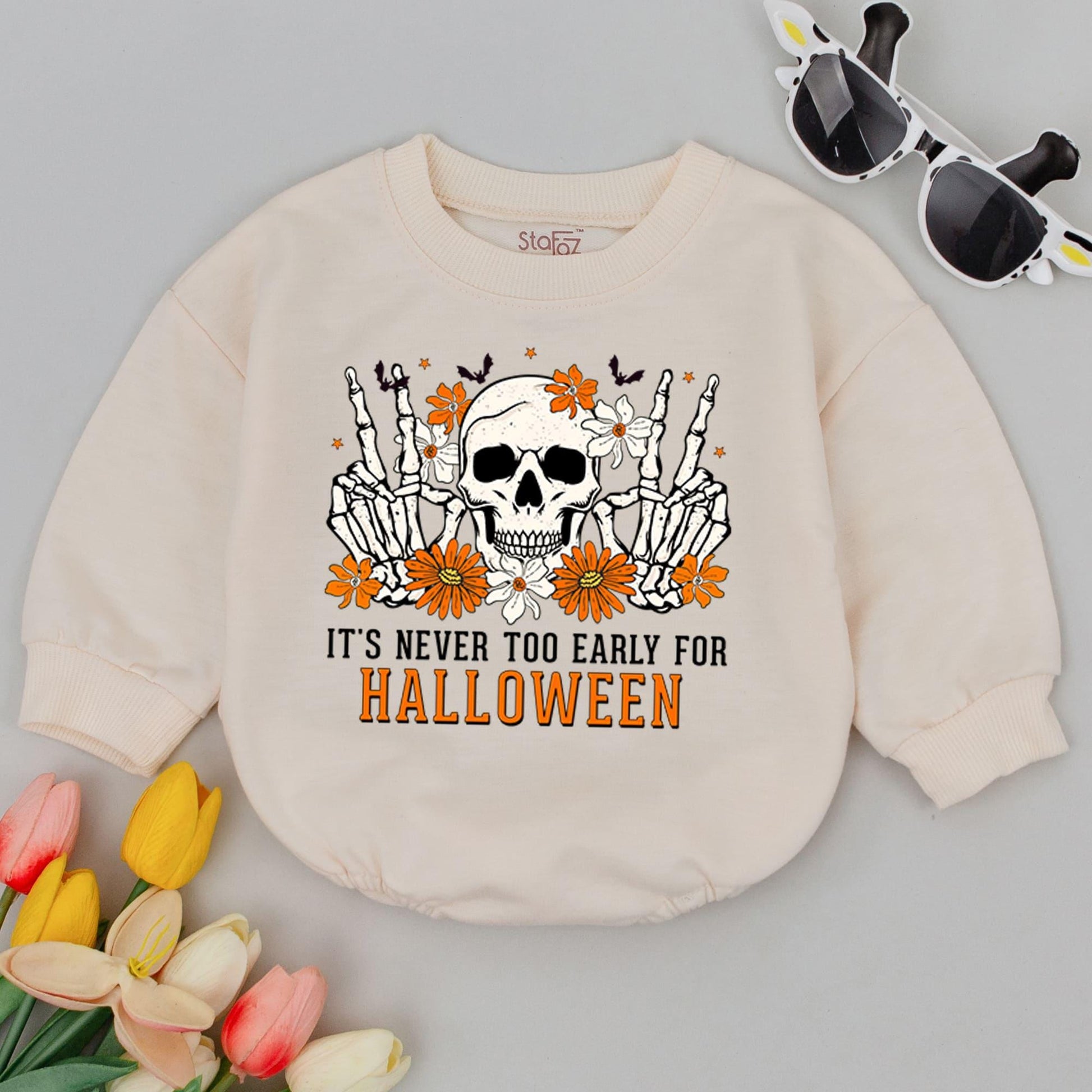 Cute Halloween Baby Romper Skeleton Peace Sign Flowers "It's Never Too Early For Halloween" Orange White Infant Bodysuit First Halloween Outfit