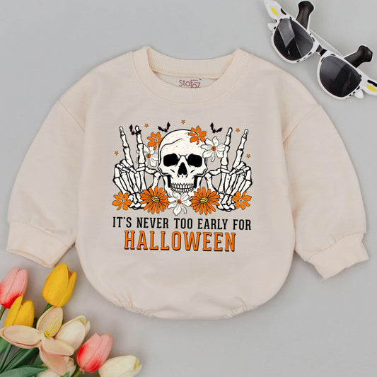 Cute Halloween Baby Romper Skeleton Peace Sign Flowers "It's Never Too Early For Halloween" Orange White Infant Bodysuit First Halloween Outfit