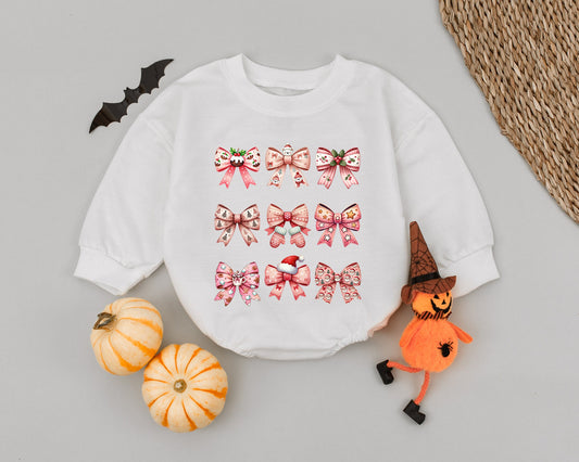 Christmas Baby Girl Romper: Pink Bow, First Holiday Outfit