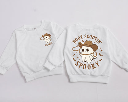 Personalized Boot Scootin' Spooky Sweatshirt Cute Cowboy Ghost Halloween Toddler Baby Western Outfit Gift