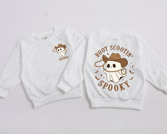 Personalized Boot Scootin' Spooky Sweatshirt Cute Cowboy Ghost Halloween Toddler Baby Western Outfit Gift