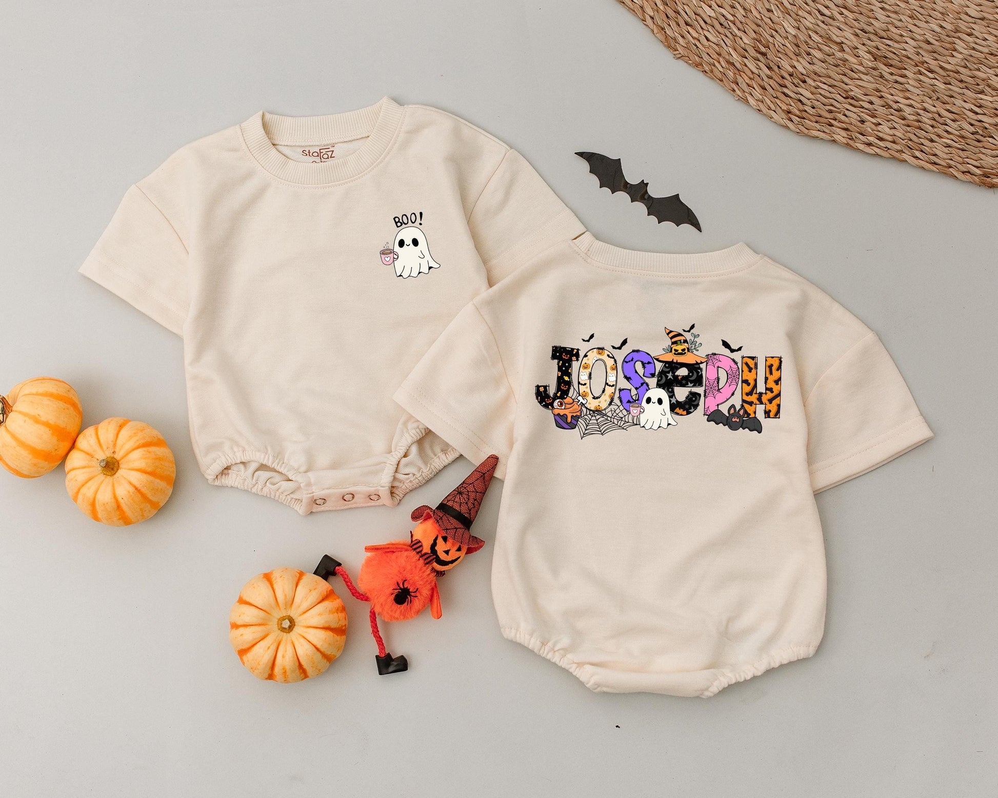Personalized Name Halloween Baby Romper with Whimsical Spooky Letters & Cute Ghost BOO Graphic My First Halloween Newborn Infant Costume Outfit Fall Gift