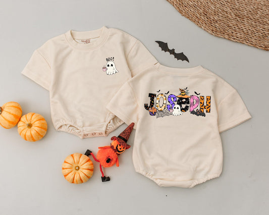 Personalized Name Halloween Baby Romper with Whimsical Spooky Letters & Cute Ghost BOO Graphic My First Halloween Newborn Infant Costume Outfit Fall Gift
