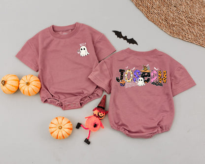 Personalized Name Halloween Baby Romper with Whimsical Spooky Letters & Cute Ghost BOO Graphic My First Halloween Newborn Infant Costume Outfit Fall Gift