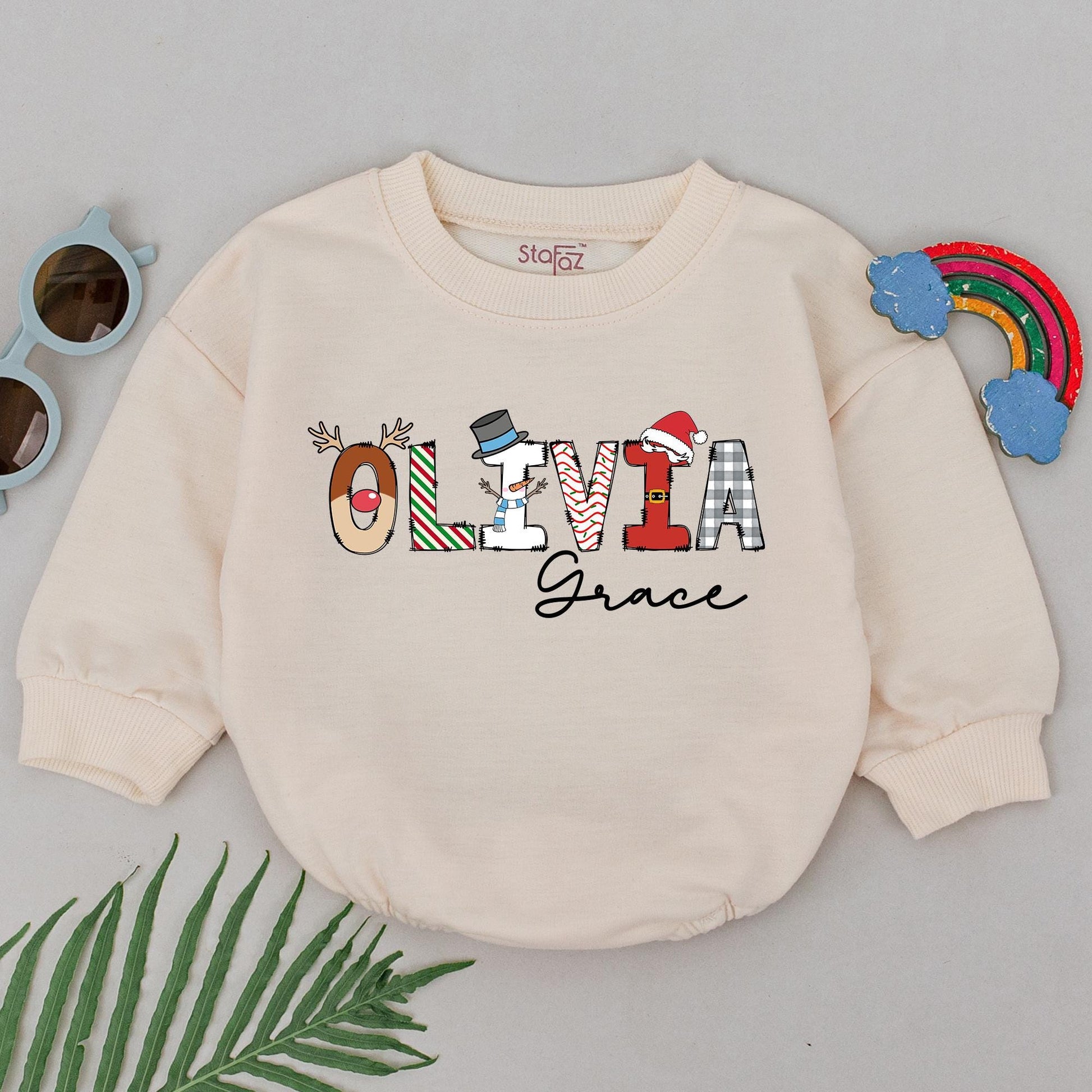 Personalized "OLIVIA Grace" Christmas Baby Romper Reindeer Snowman Santa Hat Plaid Outfit Newborn Girl Holiday Gift