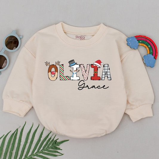 Personalized "OLIVIA Grace" Christmas Baby Romper Reindeer Snowman Santa Hat Plaid Outfit Newborn Girl Holiday Gift