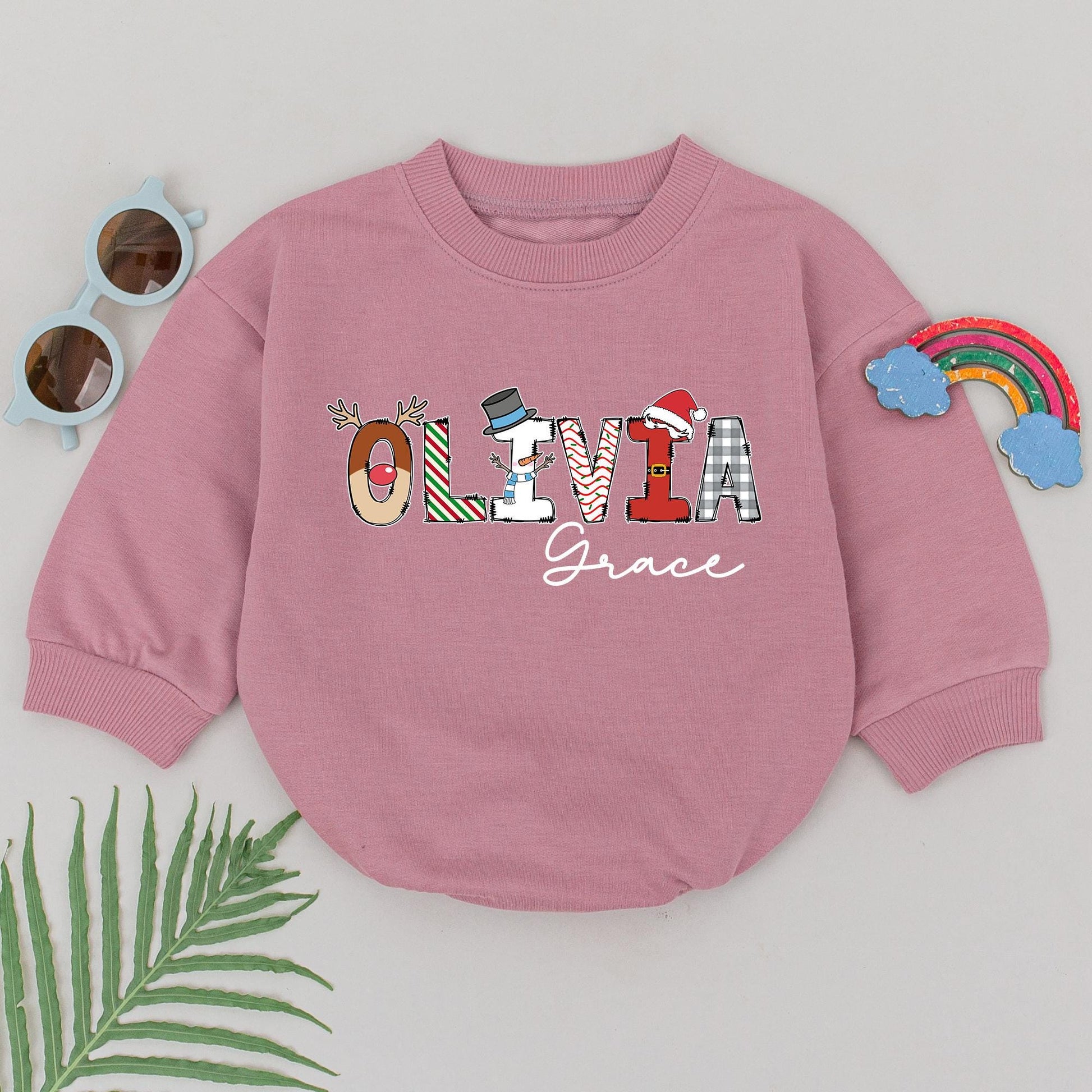 Personalized "OLIVIA Grace" Christmas Baby Romper Reindeer Snowman Santa Hat Plaid Outfit Newborn Girl Holiday Gift