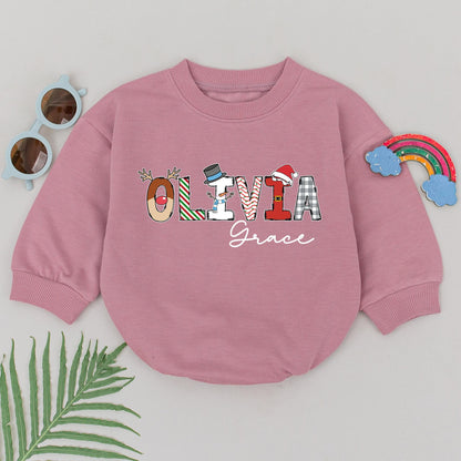 Personalized "OLIVIA Grace" Christmas Baby Romper Reindeer Snowman Santa Hat Plaid Outfit Newborn Girl Holiday Gift