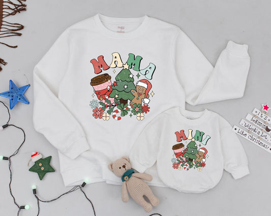 Retro Christmas Matching Sweatshirts: Mama Coffee, Mini Cocoa, Vintage Candy Canes, Festive Family Outfits, Holiday Party, Gingerbread, Red, Green, Pink (138 chars)