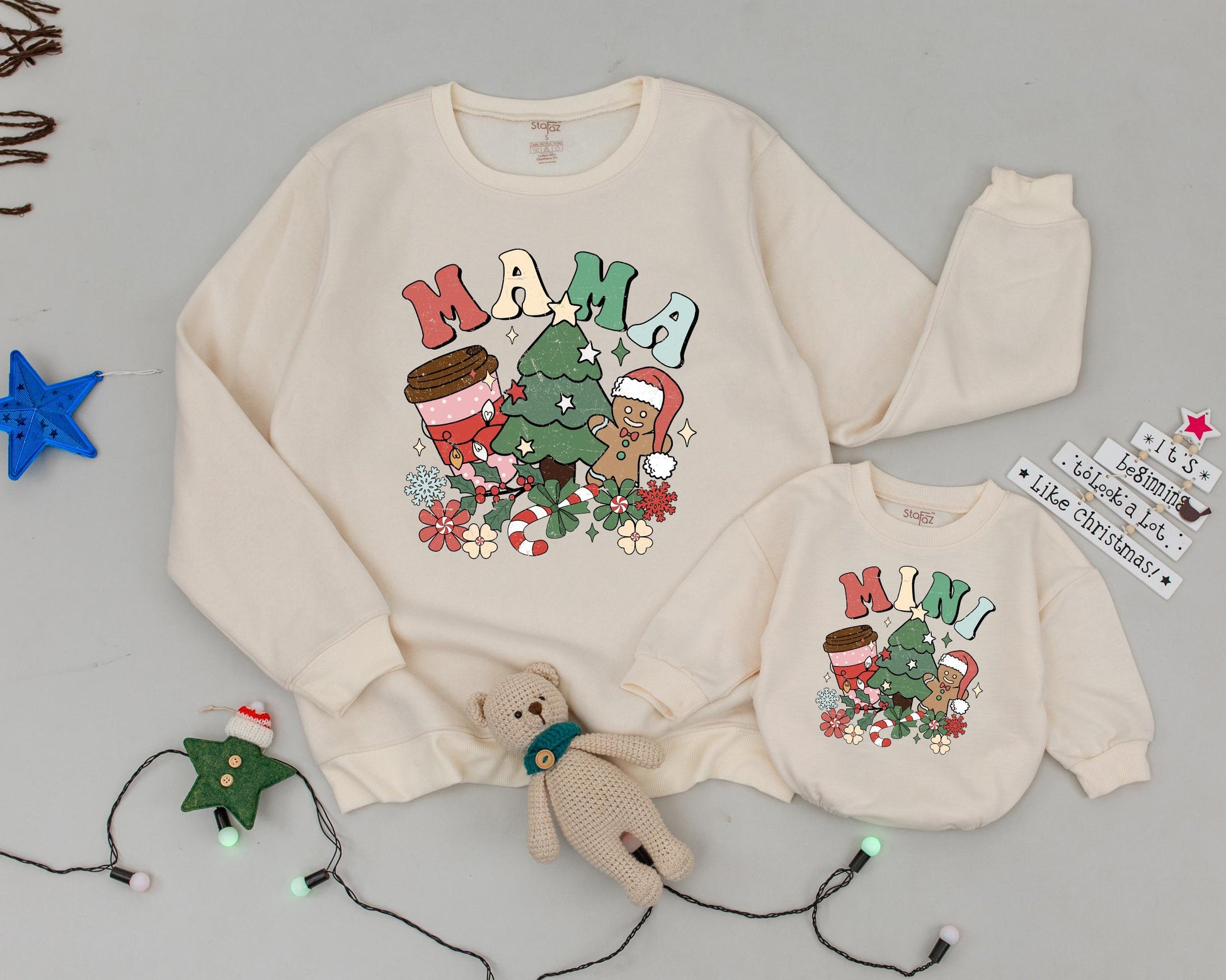 Retro Christmas Matching Sweatshirts: Mama Coffee, Mini Cocoa, Vintage Candy Canes, Festive Family Outfits, Holiday Party, Gingerbread, Red, Green, Pink (138 chars)