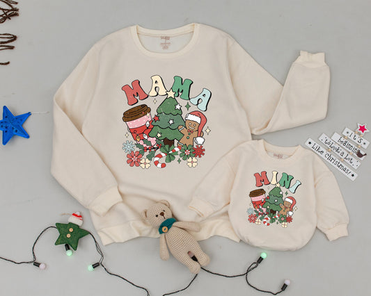Retro Christmas Matching Sweatshirts: Mama Coffee, Mini Cocoa, Vintage Candy Canes, Festive Family Outfits, Holiday Party, Gingerbread, Red, Green, Pink (138 chars)