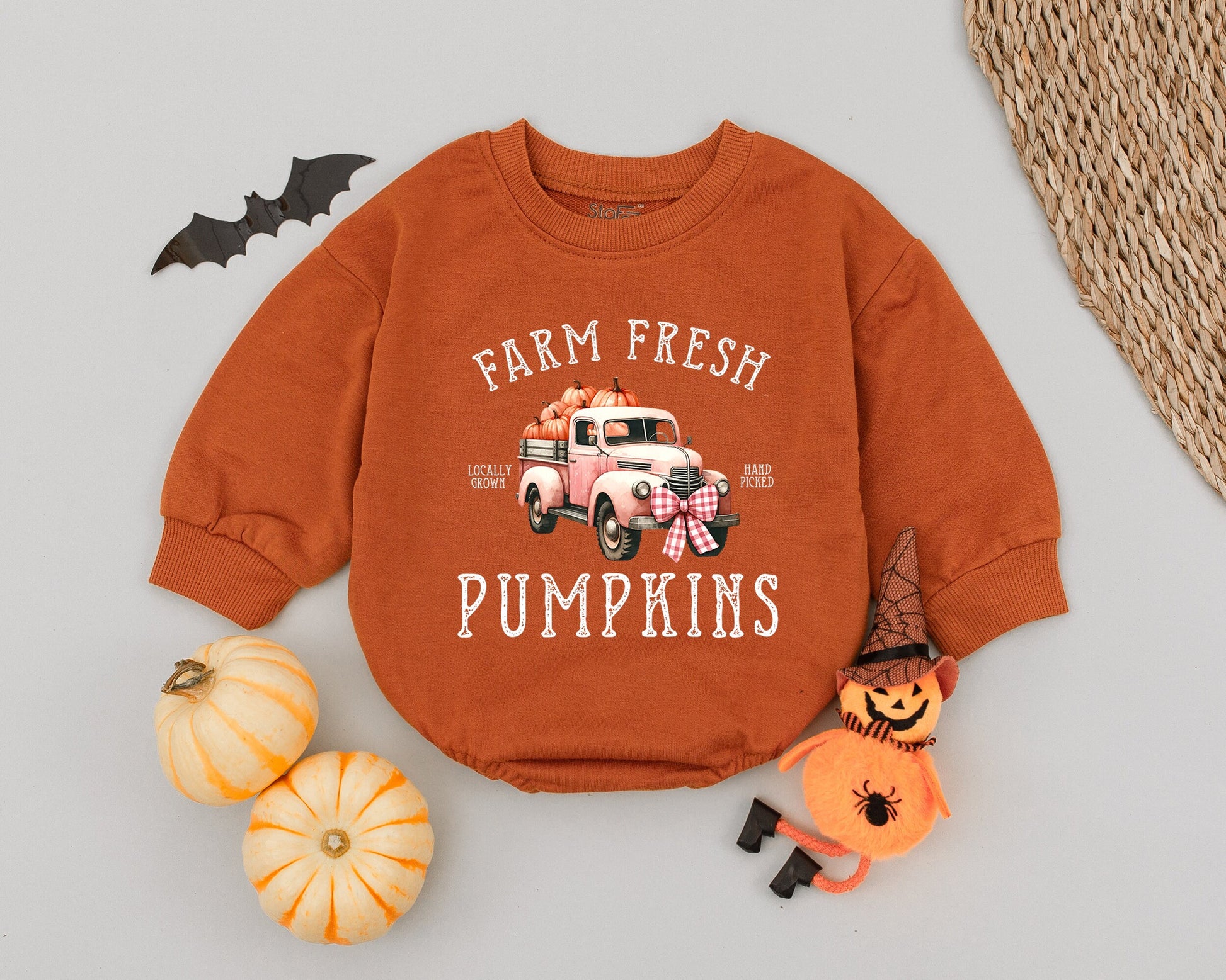Farm Fresh Pumpkins Baby Romper, Vintage Truck Halloween Outfit, Locally Grown Bodysuit, First Thanksgiving, Autumn Baby Clothes, Hand Picked Cute (138 chars)