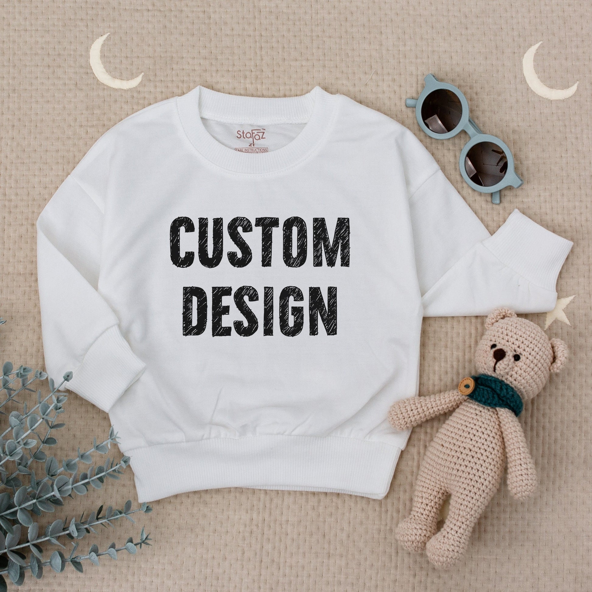 Custom Kids Sweatshirt featuring bold black 'CUSTOM DESIGN' text, a modern comfortable toddler boy girl top perfect for Christmas holiday or baby shower gift