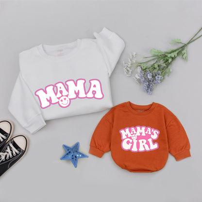 Retro Mama and Me Matching Sweatshirts: Girl Mama's Girl Outfits with Heart Eyes Smiley, Fall Family Style, Baby Shower Gift Sets, Mom and Daughter