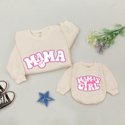 Retro Mama and Me Matching Sweatshirts: Girl Mama's Girl Outfits with Heart Eyes Smiley, Fall Family Style, Baby Shower Gift Sets, Mom and Daughter