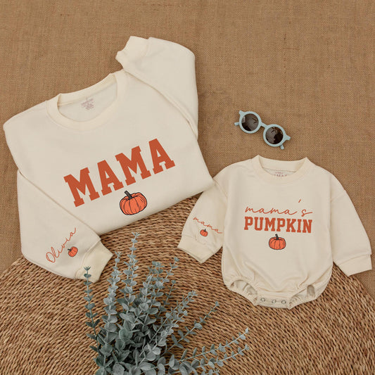 Mama's Pumpkin Sweatshirt Romper Matching Mommy and Me Fall Thanksgiving Outfit for Baby and Toddler