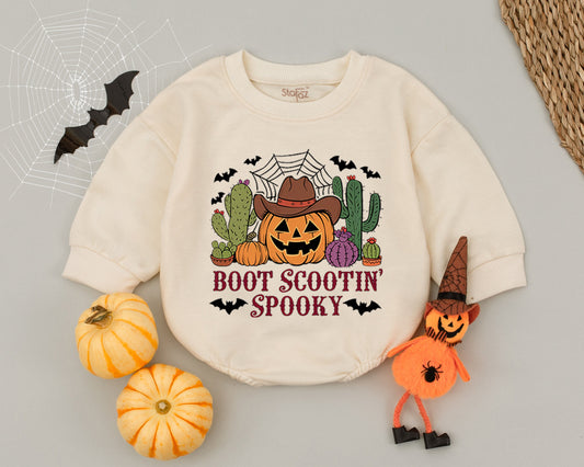 Boot Scootin' Spooky Baby Romper First Halloween Outfit Pumpkin Cowboy Toddler Costume Vintage Western Fall Bodysuit with Cacti & Bats