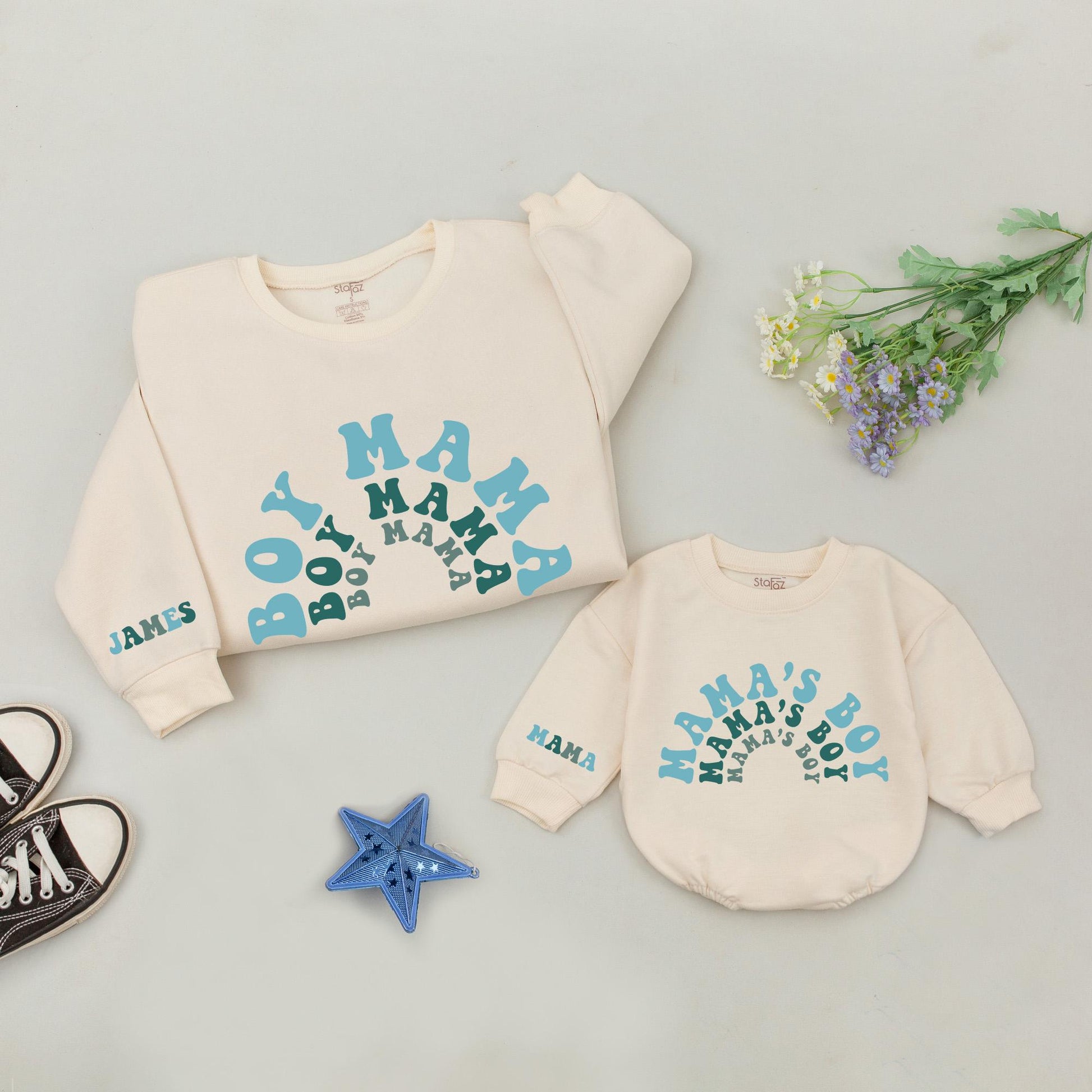 Mama & Mama's Boy Matching Sweatshirt Set Personalized Name Sleeve Rainbow Family Outfits Cute Mommy and Me Outfits Baby Shower Gift Modern 139
