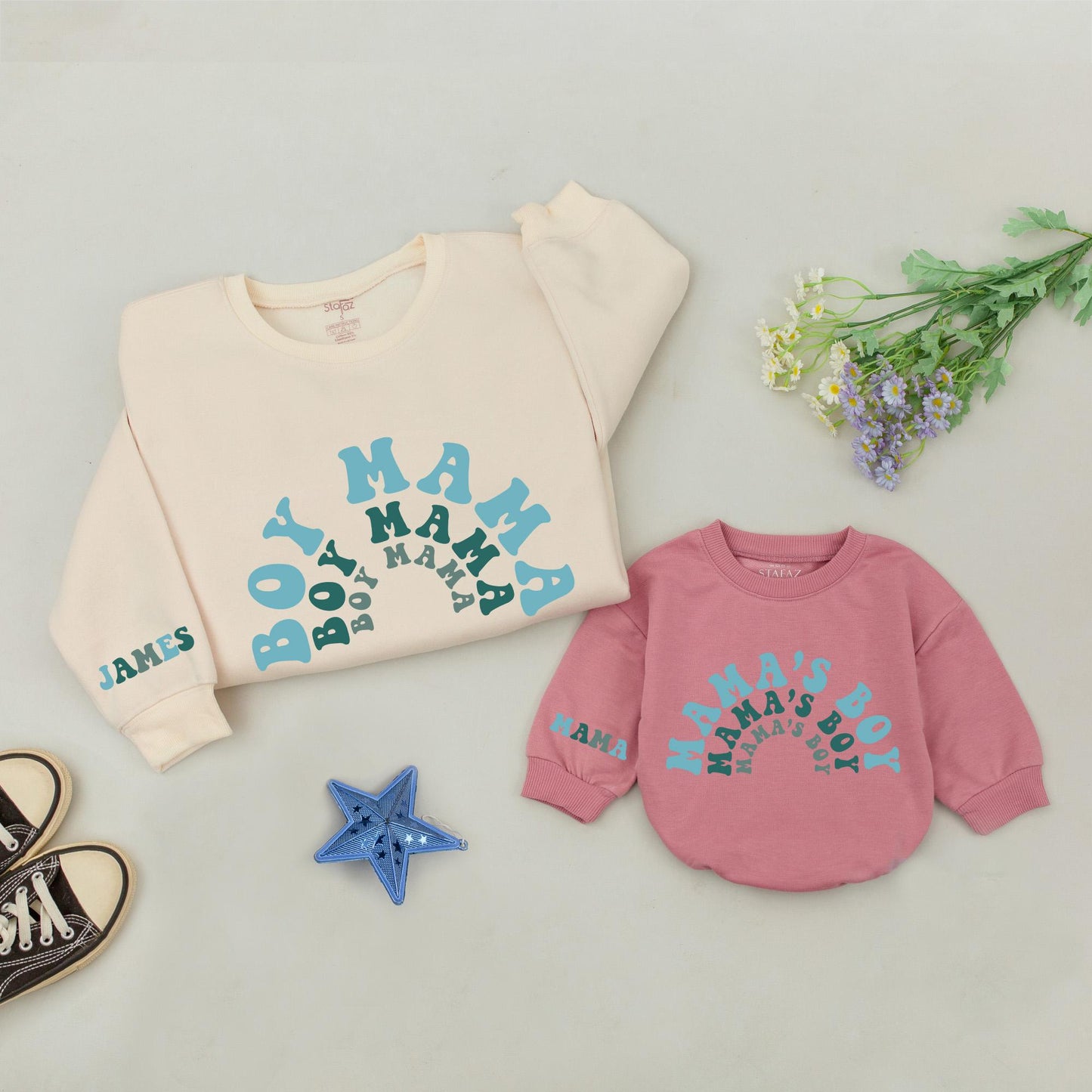 Mama & Mama's Boy Matching Sweatshirt Set Personalized Name Sleeve Rainbow Family Outfits Cute Mommy and Me Outfits Baby Shower Gift Modern 139