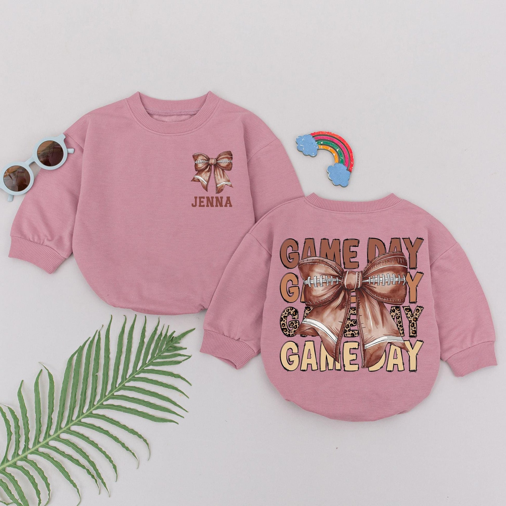 Personalized Baby Girl Football Romper - Natural Bubble Game Day Outfit