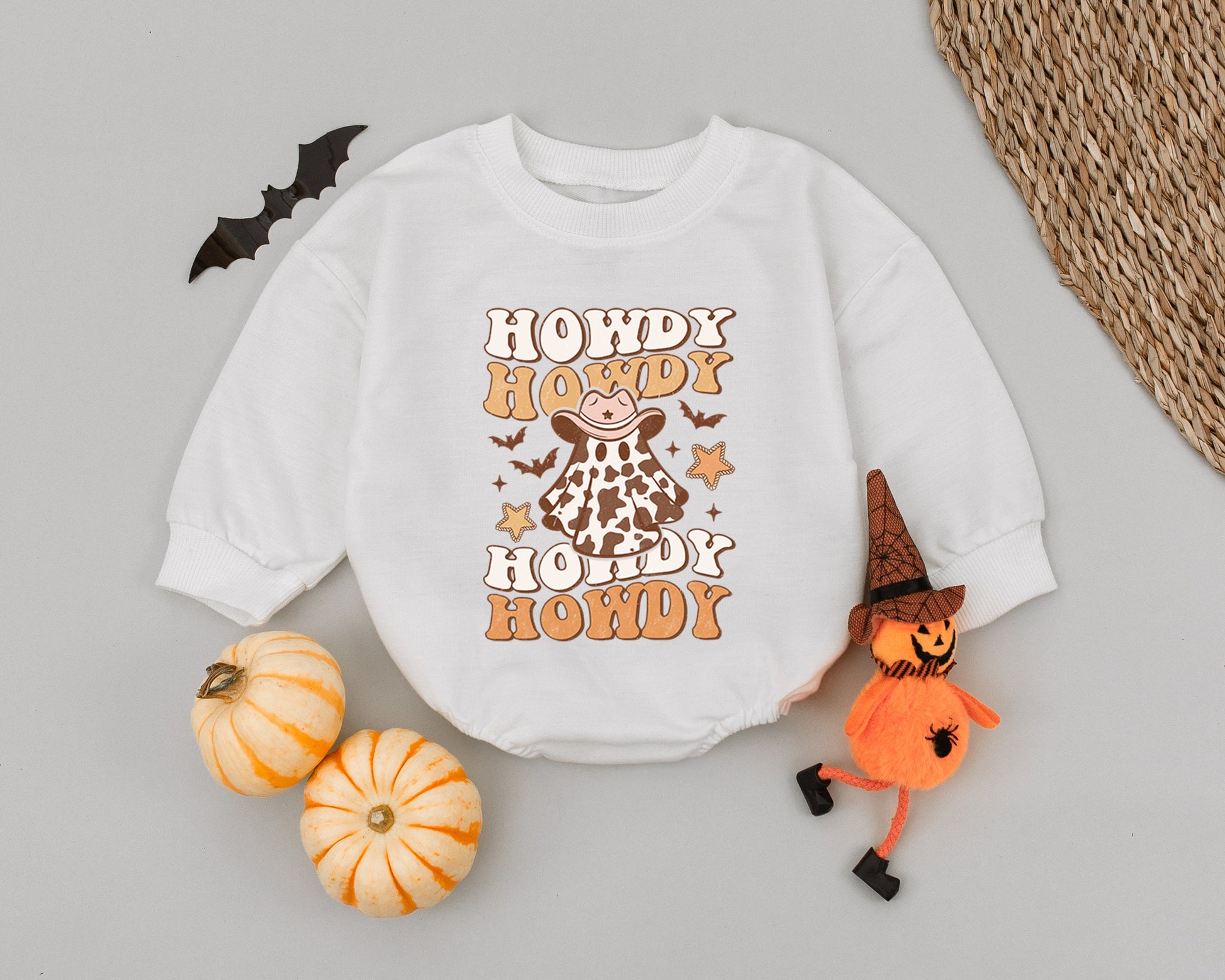 Howdy Ghoul Baby Romper Retro Ghost Cowboy Halloween Outfit First Birthday Bodysuit Tan Brown Vintage