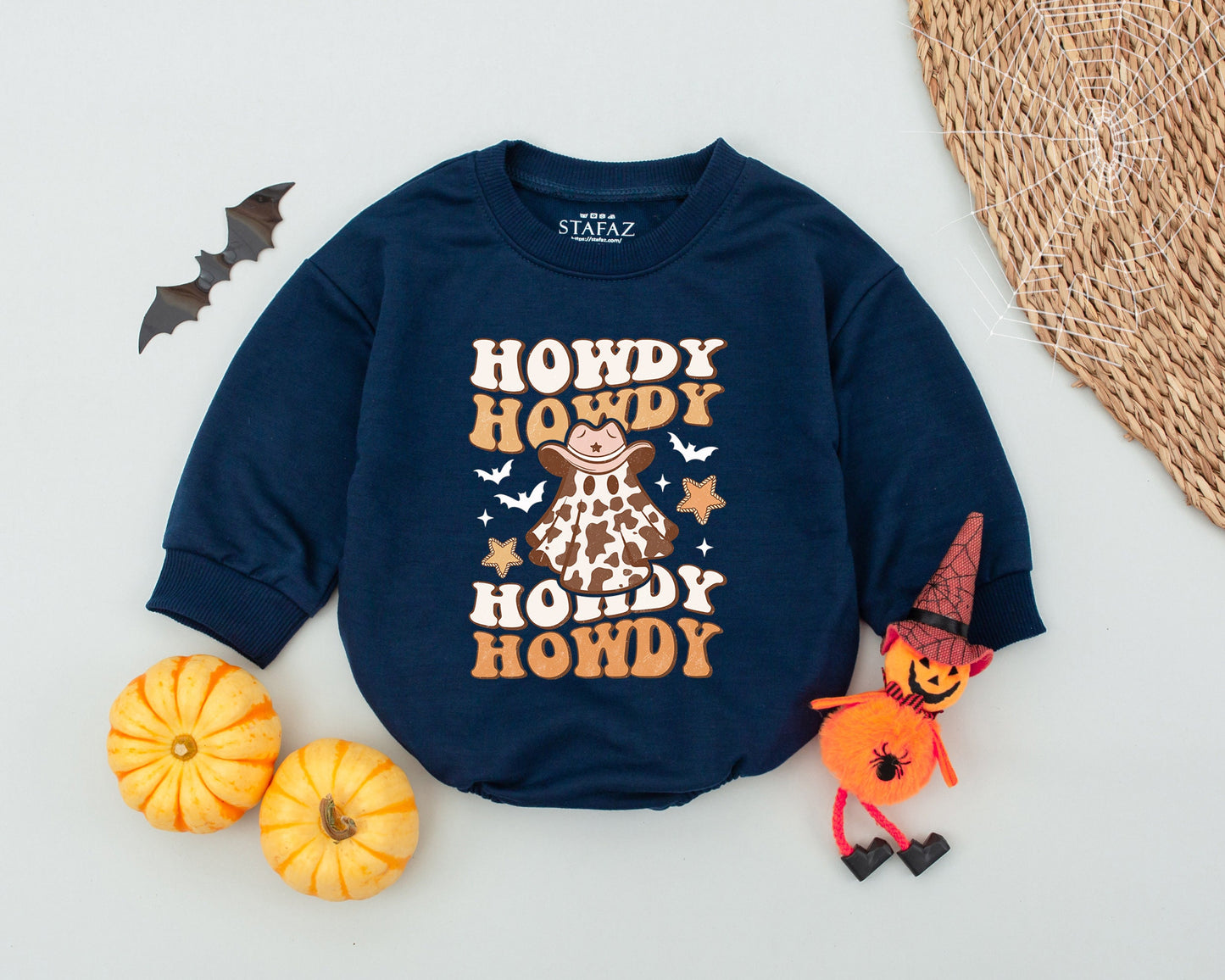 Howdy Ghoul Baby Romper Retro Ghost Cowboy Halloween Outfit First Birthday Bodysuit Tan Brown Vintage