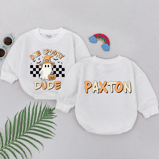 Personalized One Spooky Dude Baby Romper Retro Ghost Halloween Outfit Boys Gift Fun Orange Yellow Black