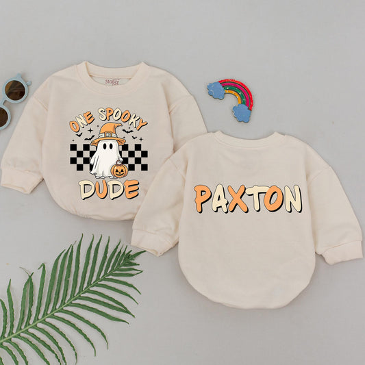 Personalized One Spooky Dude Baby Romper Retro Ghost Halloween Outfit Boys Gift Fun Orange Yellow Black