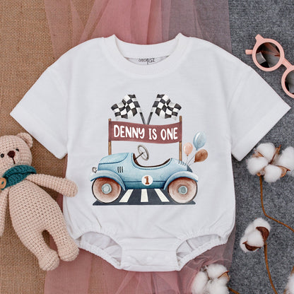 Race Car 1st Birthday Romper - Personalized Baby Boy Party Outfit