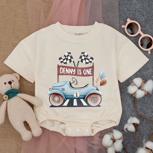 Race Car 1st Birthday Romper - Personalized Baby Boy Party Outfit