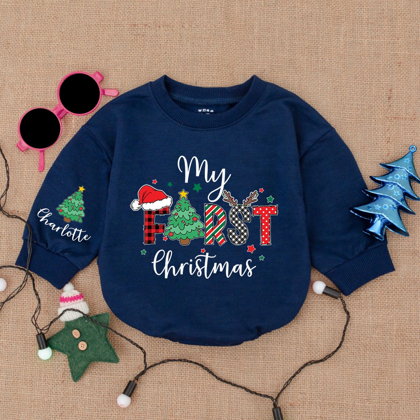 Custom Name First Christmas Baby Bodysuit Buffalo Check Santa Hat Outfit Personalized Infant Romper Holiday Baby Shower Gift Clothes Cozy Keepsake 137