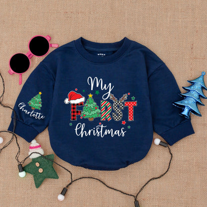 Custom Name First Christmas Baby Bodysuit Buffalo Check Santa Hat Outfit Personalized Infant Romper Holiday Baby Shower Gift Clothes Cozy Keepsake 137
