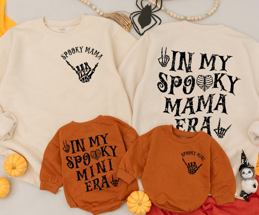 Spooky Mama & Mini Era Matching Sweatshirts Retro Skeleton Hand Halloween Family Outfits Cozy Spooky Season Gift