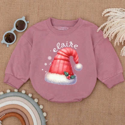Personalized Baby Christmas Santa Hat Bodysuit Cute Festive Name Bubble Romper Infant First Christmas Shower Gift Outfit Red White Holly Snowflake Design