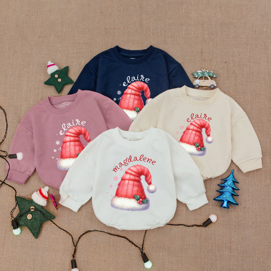 Personalized Baby Christmas Santa Hat Bodysuit Cute Festive Name Bubble Romper Infant First Christmas Shower Gift Outfit Red White Holly Snowflake Design