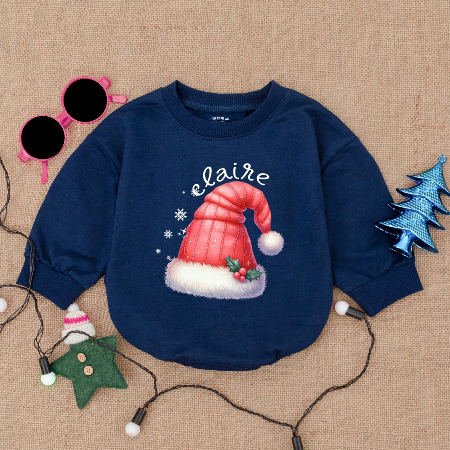 Personalized Baby Christmas Santa Hat Bodysuit Cute Festive Name Bubble Romper Infant First Christmas Shower Gift Outfit Red White Holly Snowflake Design