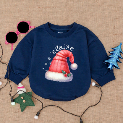 Personalized Baby Christmas Santa Hat Bodysuit Cute Festive Name Bubble Romper Infant First Christmas Shower Gift Outfit Red White Holly Snowflake Design