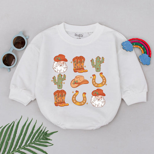 Retro Cowboy Christmas Romper: Baby's 1st Xmas Outfit for Girls