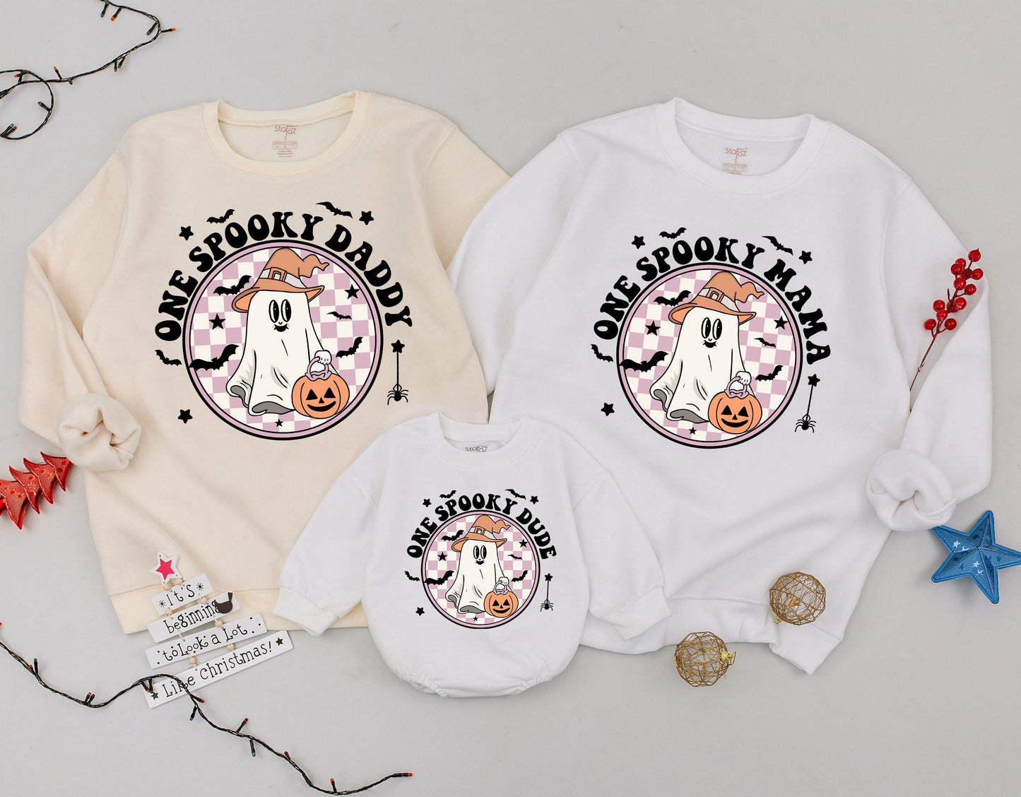Personalized Spooky Dude Retro Ghost Halloween Sweatshirt Mommy and Me Spooky One