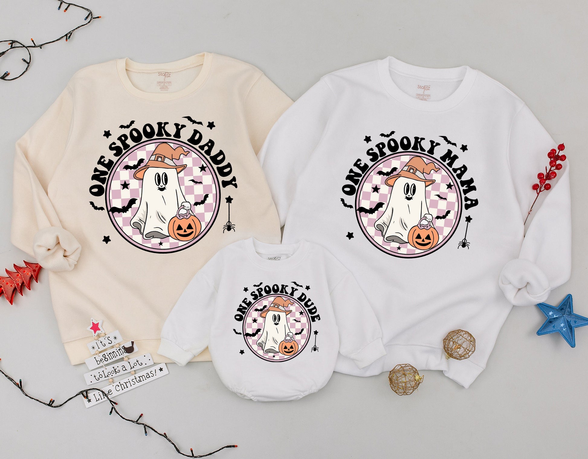 Personalized Spooky Dude Retro Ghost Halloween Sweatshirt Mommy and Me Spooky One