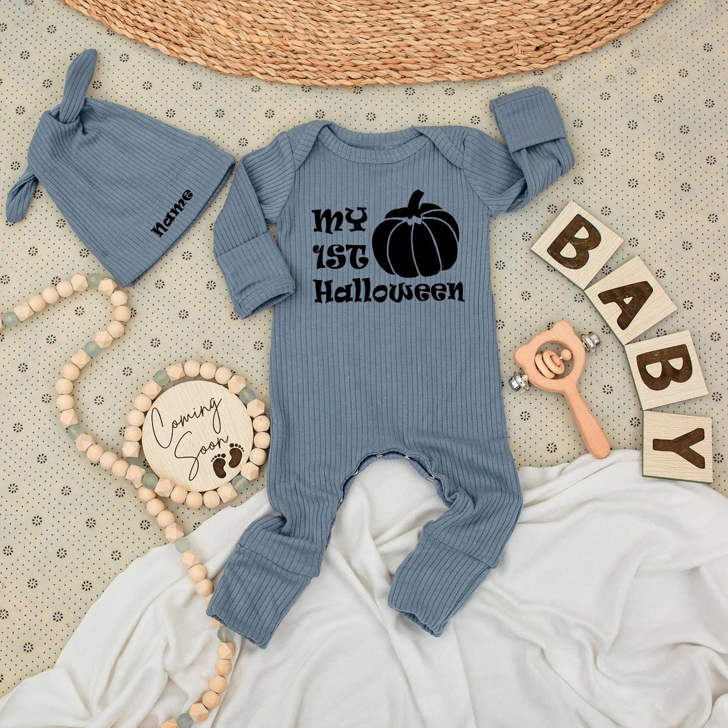 Personalized My First Halloween Baby Bodysuit and Hat Set Newborn Long Sleeve Outfit with Name on Hat Black Pumpkin Graphic Coming Home Baby Shower Gift Autumn Fall