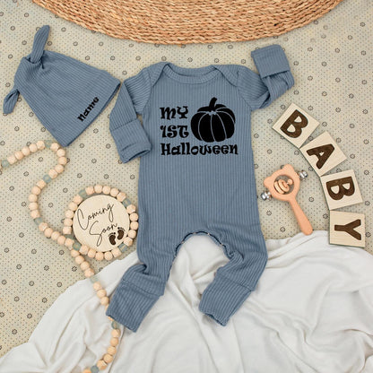 Personalized My First Halloween Baby Bodysuit and Hat Set Newborn Long Sleeve Outfit with Name on Hat Black Pumpkin Graphic Coming Home Baby Shower Gift Autumn Fall