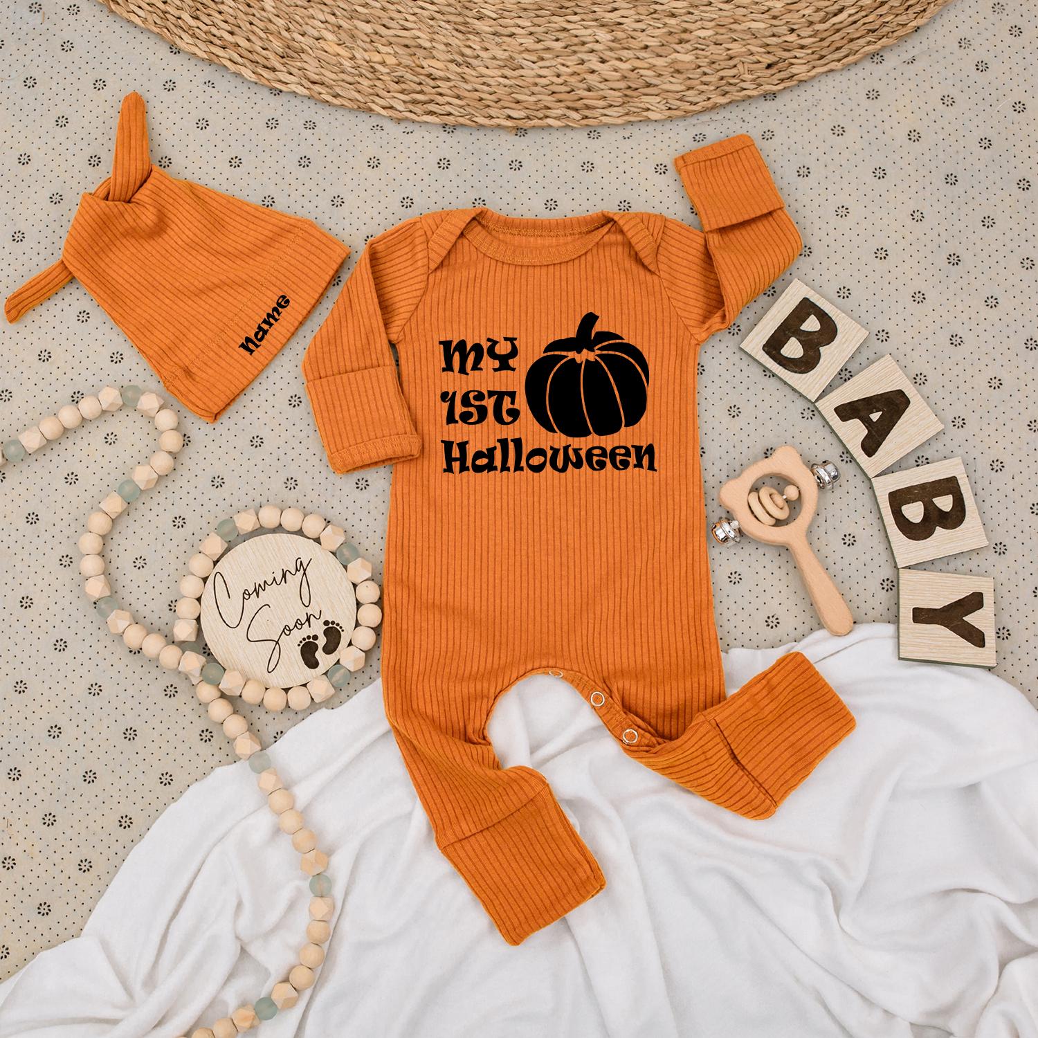 Personalized My First Halloween Baby Bodysuit and Hat Set Newborn Long Sleeve Outfit with Name on Hat Black Pumpkin Graphic Coming Home Baby Shower Gift Autumn Fall