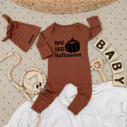 Personalized My First Halloween Baby Bodysuit and Hat Set Newborn Long Sleeve Outfit with Name on Hat Black Pumpkin Graphic Coming Home Baby Shower Gift Autumn Fall