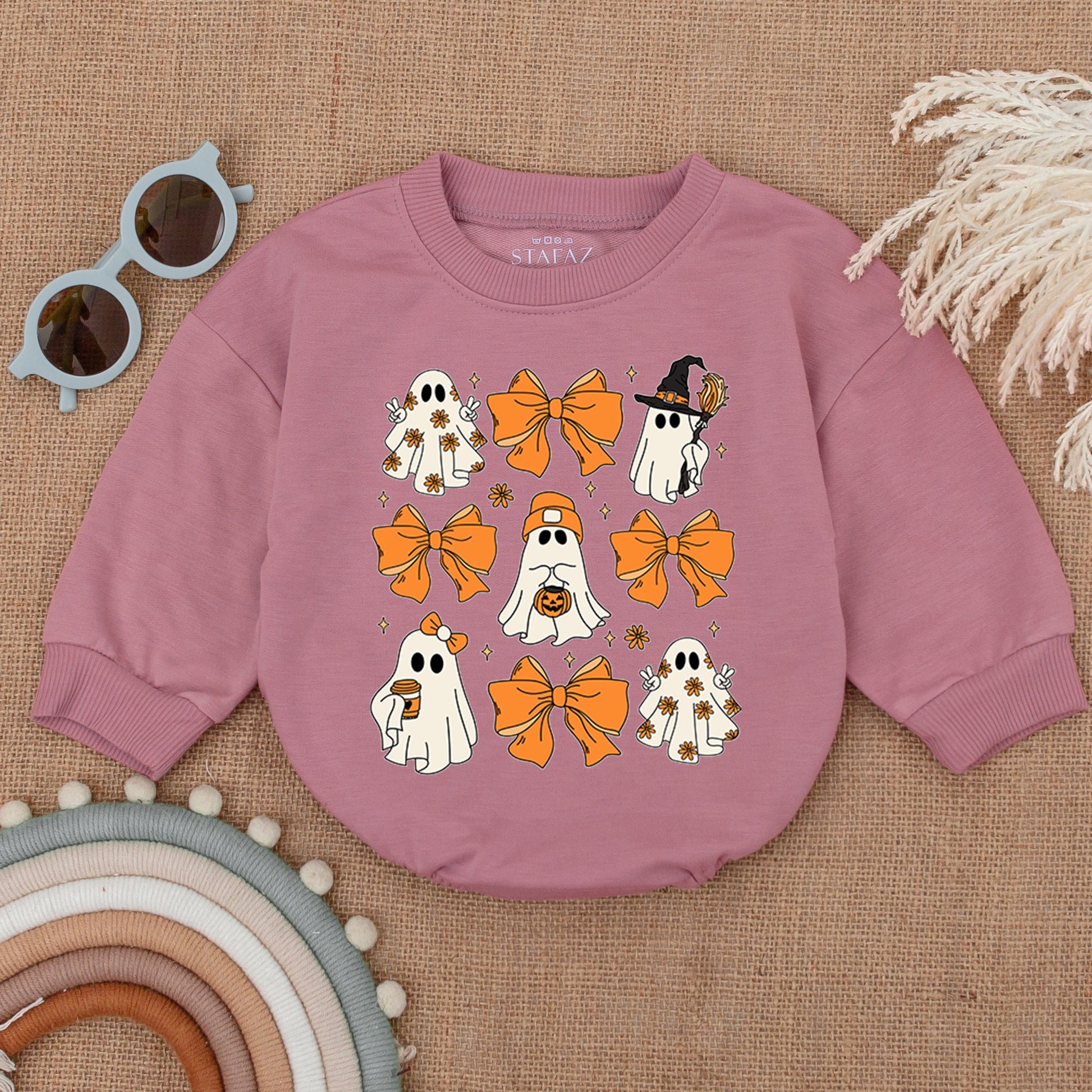Cute Ghost Halloween Baby Romper with Retro Bows, Spooky Orange Grid Design Bodysuit, Soft Cotton Outfit Perfect for Spooky Season Baby Costume Gifts