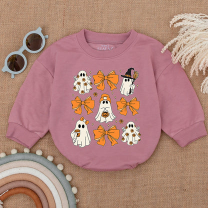 Cute Ghost Halloween Baby Romper with Retro Bows, Spooky Orange Grid Design Bodysuit, Soft Cotton Outfit Perfect for Spooky Season Baby Costume Gifts