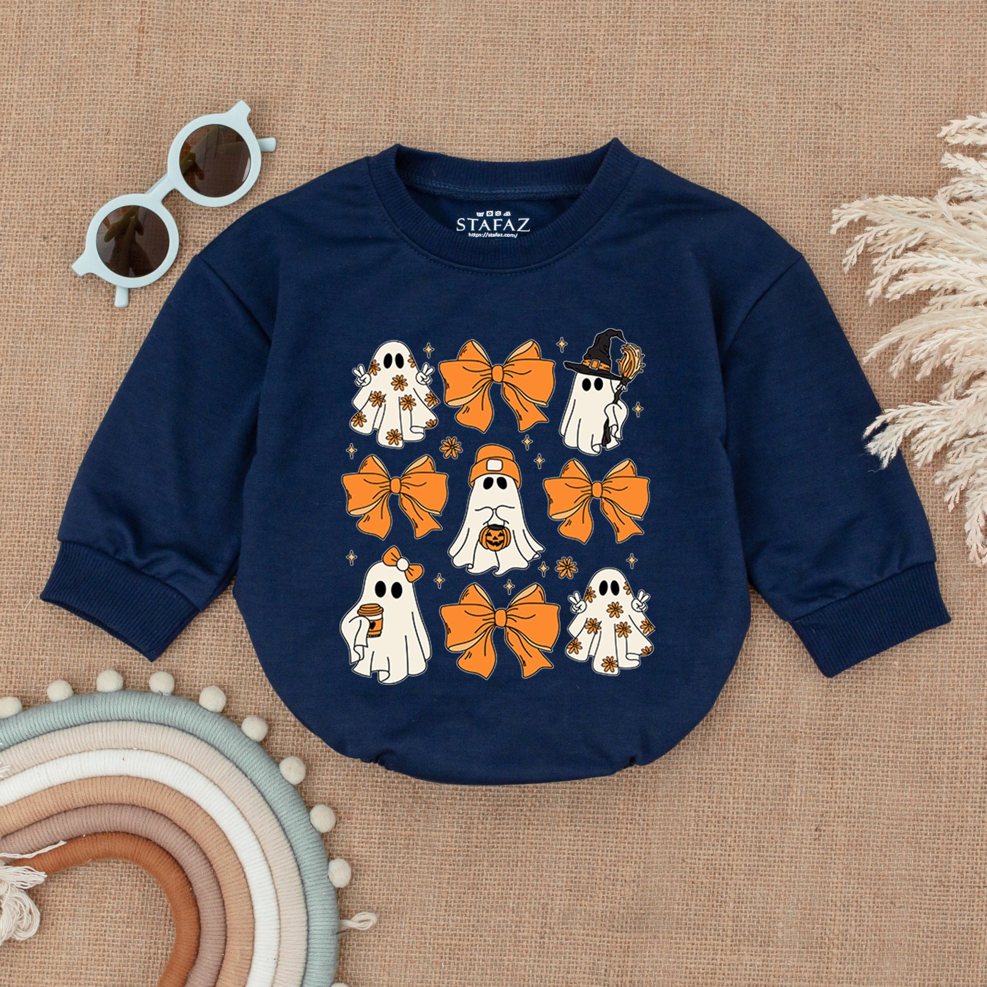 Cute Ghost Halloween Baby Romper with Retro Bows, Spooky Orange Grid Design Bodysuit, Soft Cotton Outfit Perfect for Spooky Season Baby Costume Gifts