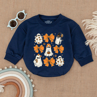 Cute Ghost Halloween Baby Romper with Retro Bows, Spooky Orange Grid Design Bodysuit, Soft Cotton Outfit Perfect for Spooky Season Baby Costume Gifts