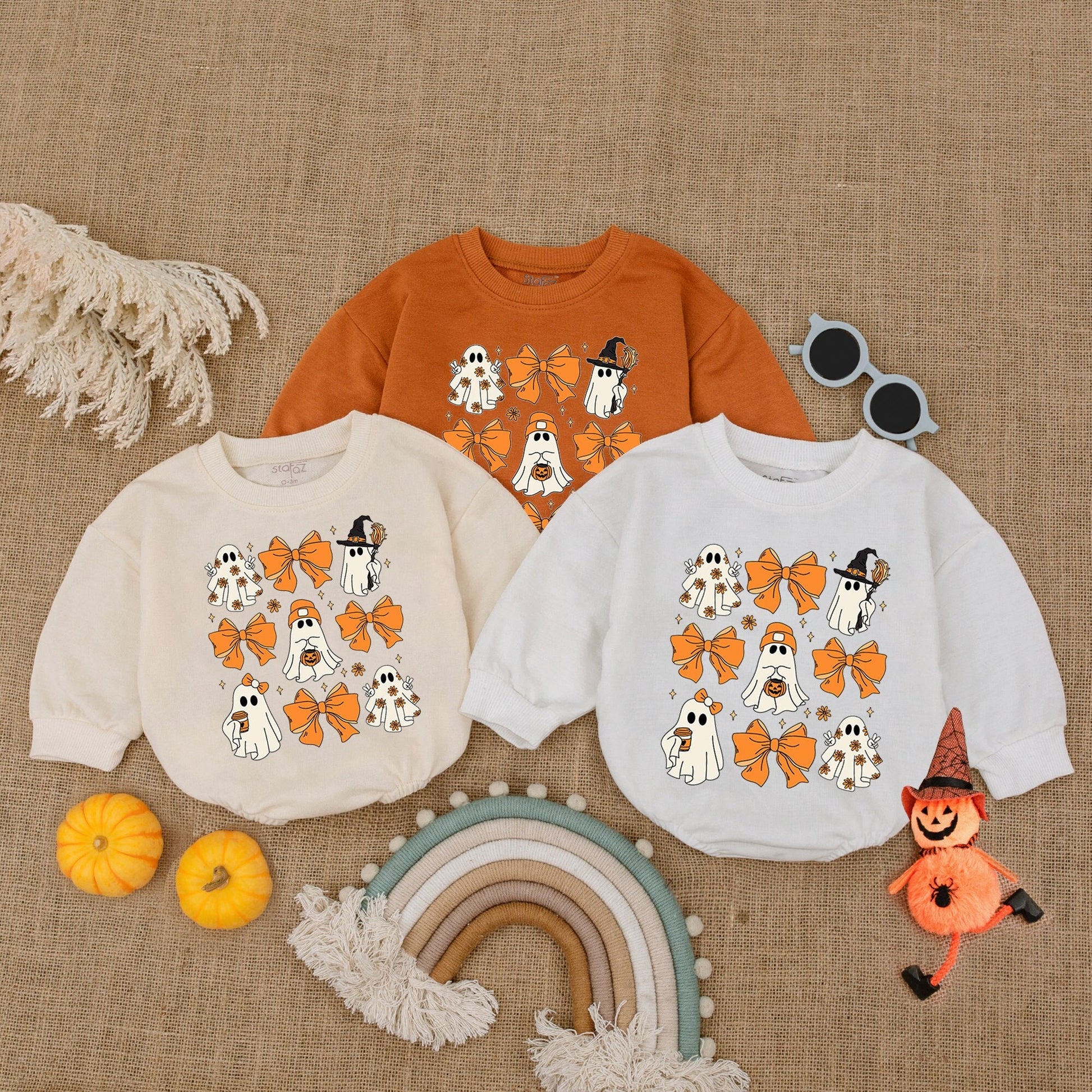 Cute Ghost Halloween Baby Romper with Retro Bows, Spooky Orange Grid Design Bodysuit, Soft Cotton Outfit Perfect for Spooky Season Baby Costume Gifts